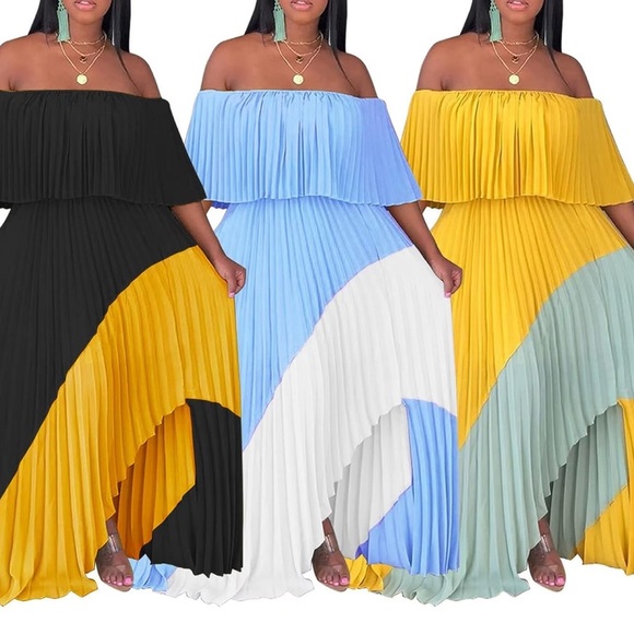 IyMoo Womens red & pink Chiffon Sundress Off Shoulder Pleated Boho Maxi Dress - Picture 3 of 9